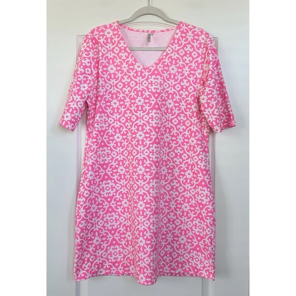 LULU B Womens Dress Sz L Pink Geometric Print Elbow Sleeve Jersey Stretch V Neck - Picture 2 of 11